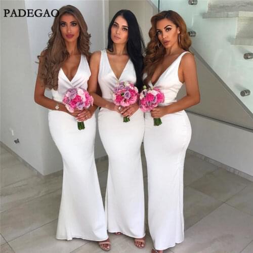 New White Long Bridesmaids Dresses Mermaid V-Neck Sleeveless Satin Simple Bridesmaids Dresses Prom Custom Made