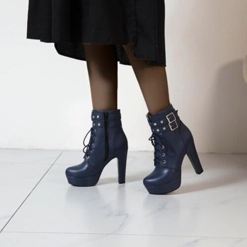 Ochanmeb 2022 Winter Big Plus Size 49 50 Women Boots Punk Rivets Belt Metal Buckle Boots Woman Navy Blue Yellow White Red Shoes