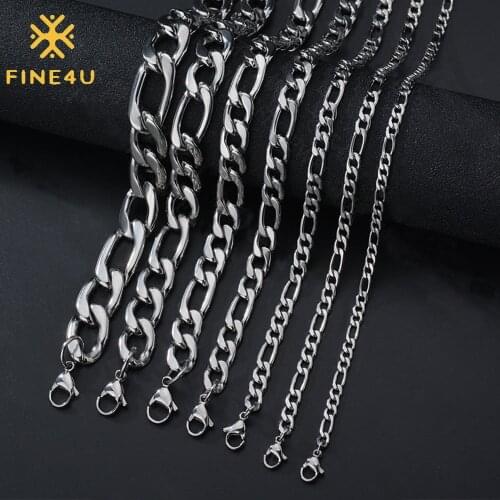 FINE4U N525 Stainless Steel Men Chunky Miami Cuban Chain Necklace 3/4/5/6/7/8/9mm Width Chains Necklace