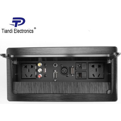 Brush clamshell table socket 2-bit China power plug +VGA/HDMI/USB/XLR +3.5 audio +dual audio video network interface black panel