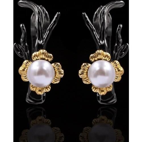 Luxury Fashion Inlaid Pearl Flower 925 Silver Earrings Black Gold Earrings Wedding Accessories Birthday Gifts Pearl Jewelry