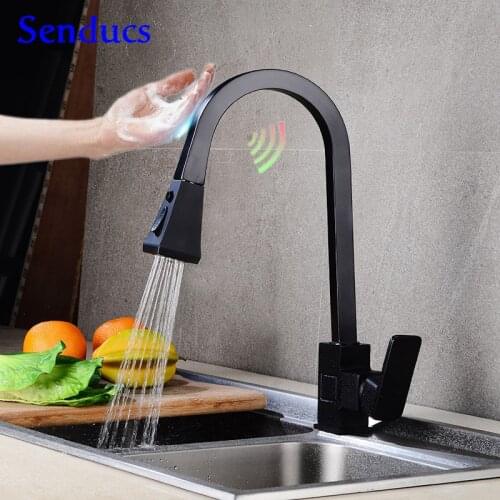 Touch Kitchen Faucets Senducs Matte Black Pull Out Kitchen Mixer Faucet Square Hot Cold Kitchen Tap Smart Touch Kitchen Faucets