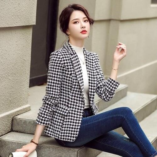 Spring And Autumn Thousand Bird Lattice Women Suit Fashion Plus Size 3xl Jacket Single Button Notched Plaid Green Blazers