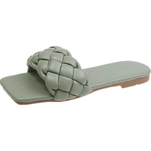 Women Slippers Flat Heel Leather Braid Sandals Casual Summer Drags Outside Beach Holiday Shoes Slides Female Flats 2020