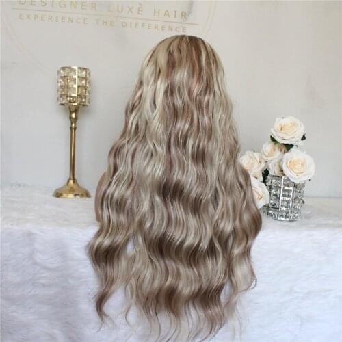 Lace Front Synthetic Wig Ombre Blonde Highlight Wig Brown and Blonde Colored for Women Wave T Part Lace Wig 22inch