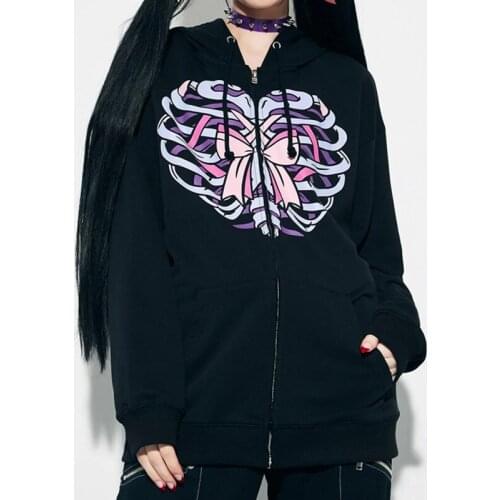 Womens Vintage Long Sleeve Oversized Hoodies Gothic Loose Zip Up Sweatshirt E-girl Jackets Coat Autumn Y2K Harajuku Streetwear