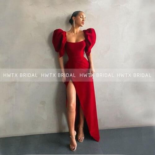 2021 Red Long Prom Dresses Cap Sleeves Slits Satin Arabic Dubai Women Evening Dress Formal Party Gowns robe de soirée de mariage