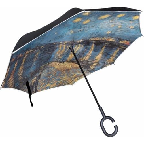 Van Gogh Art Oil Painting Reverse Umbrella Windproof Double Layer Starry Night Inverted Umbrella for Car