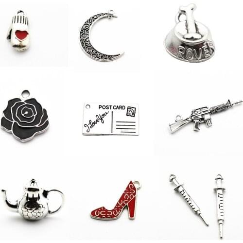 12pcs/lot Silver Alloy weapon high-heeled shoes rose Dangle Charms Lobster Clasp Hanging Charm fit Bracelet&Pendant Necklace