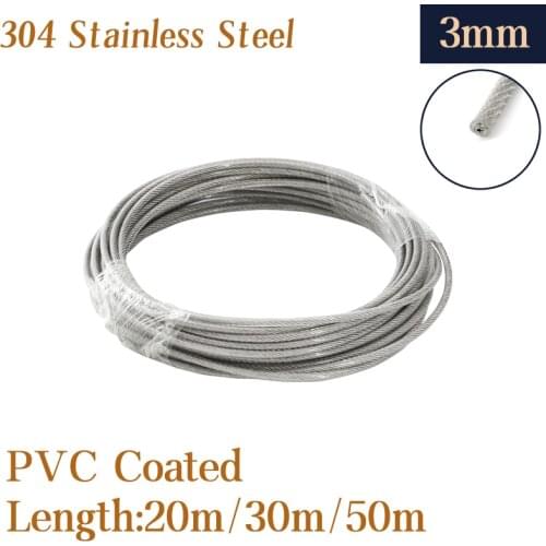 20/30/50Meter wire Rope 1/8‘’ PVC Transparent Coated Cable Stainless Steel rope Clothesline Diameter 3mm