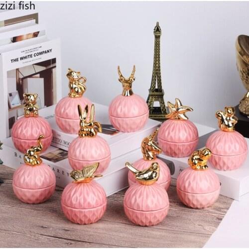 European Ceramics Storage Tank Plating Animal Cover Pink Jewelry Box Wedding Decorative Candy Jar Gift Crafts Storage Bottles