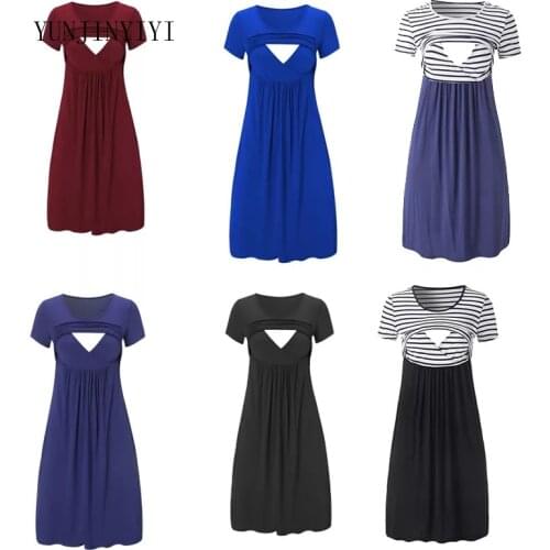 European and American maternity skirt vest striped breastfeeding short-sleeved dress cotton casual wear