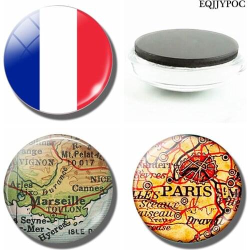 French Flag 30 MM Fridge Magnet France Paris Marseille Lyon Nice Map Glass Dome Magnetic Refrigerator Sticker Home Decoration