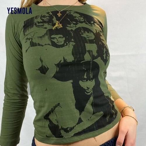 YESMOLA Women Long Sleeve T Shirts Y2K E-girl Gothic Print T-shirt Spring Autumn Vintage Sweats Tees Top Harajuku Streetwear Top