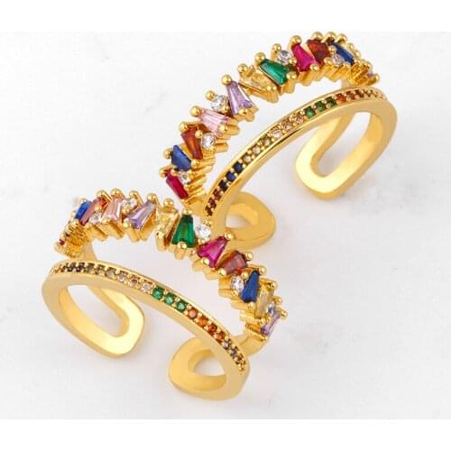 Hot Sale Rainbow CZ Rings for Women Pave Colorful Zirconia Baguette Open Adjustable Rings Gorgeous Fashion Jewelry rig-h92