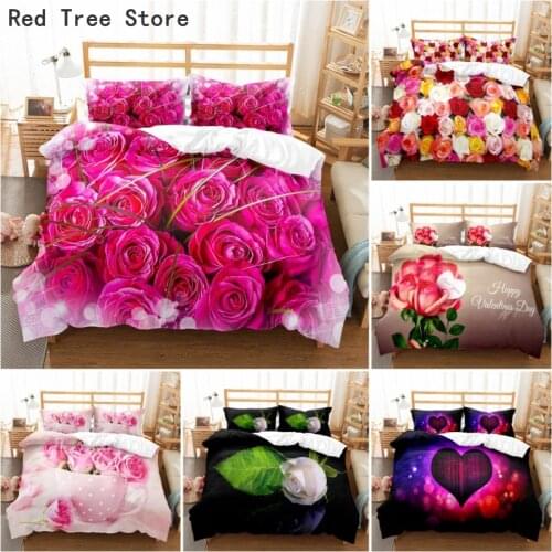 Happy Rose Day 3D Print Bedding Set Flowers Pattern Single Double Quilt Duvet Cover Pillowcase Set Lovers Couple Gift Bedclothes