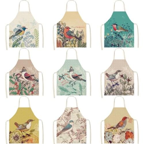 Kitchen Apron Flowers Birds Tree Printed Sleeveless Cotton Linen Aprons for Men Women Home Cleaning Tools