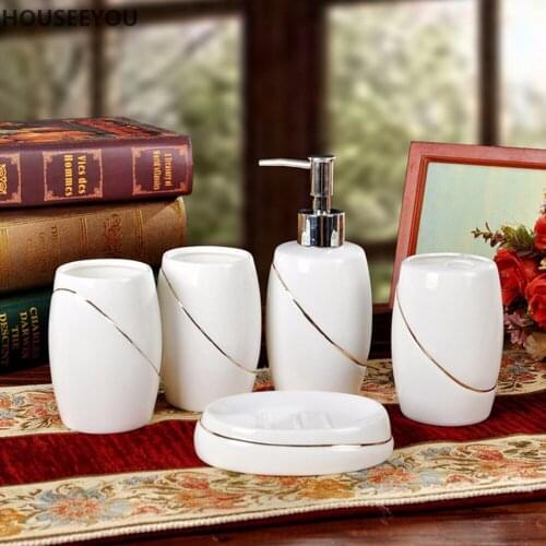 Luxury Household Wash Brush Cup, Liquid Soap Dispensers, Soap Dishes Bone China Ceramics Bathroom Set Accessories 5pcs/set