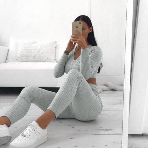 2020 New Womens Leisure Yoga Suit Long Sleeve Deep V-Neck Drawstring Short Crop Top Elastic Skinny Pants Solid Set for Sports