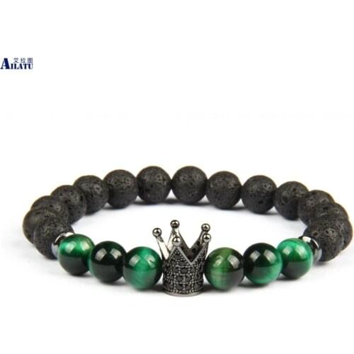 New Design Black Cz Crown Mens Beaded Bracelet Natural Green Tiger Eye & Lava Stone Beads Drop Shipping Bangle Jewelry