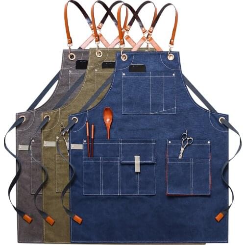 Solid Denim Cafe House Cleaning Bib Cooking Baking Pocket Coffee Pinafore Canvas Apron For Kitchen Accessories Hairdresser Apron