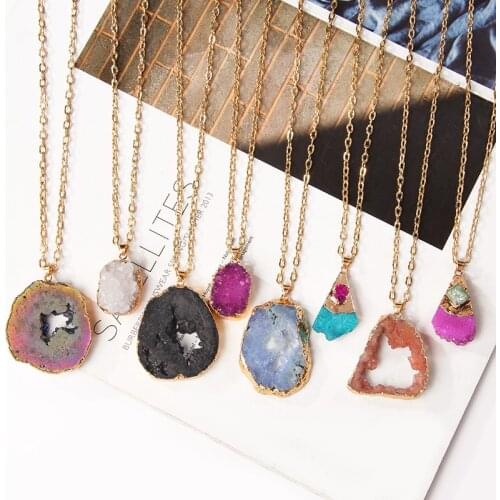 New Fashion Women Metal Chain Healing Energy Necklace Dyed Natural Crystal Agat Druzy Minerals Gem stone Pendant Charm Necklace