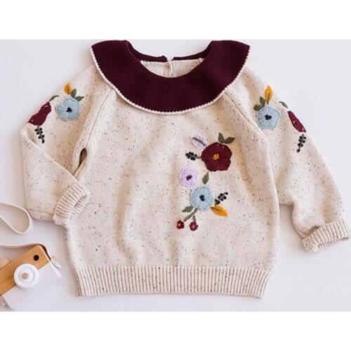 Girls Long Sleeve Knitted Sweater Girls Sweaters 2-6Yrs Doll Collar Spring Autumn Baby Girls Kids Embroider Sweater