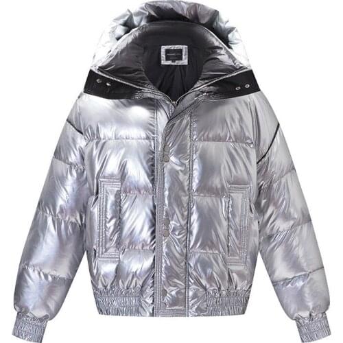 Down Jacket Womens Winter New European American Street Boyfriend Style Men Women Laser Bright Surface Thick Loose Mid-Length