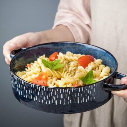 Retro Style Kiln Change Glaze Binaural Handle Ceramic Bowl Porcelain Mixing Bowl Tableware Home Kitchen Utensils