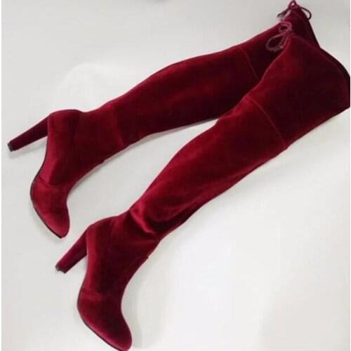 Winter newest royal blue velvet thigh high boots women round toe high heel boots over the knee boots wine red 35-42