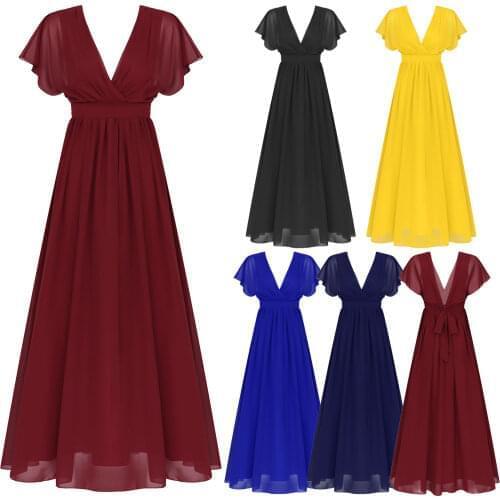 Sexy Womens Deep V Neck Dress Open Back Short Ruffle Sleeve Ruffled Chffion Summer Dress for Wedding Party Evening Gowns Femme