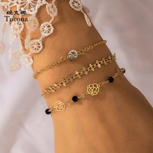 Tocona 3pcs/sets Bohemian Rose Flowers Bracelets for Women Clear Crystal Stone Gold Alloy Metal Bead Trendy Jewelry 15684