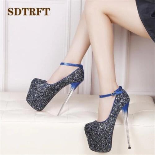 SDTRFT Sequins Pumps Ladies Platform shoes woman 19cm Ultra high thin heels zapatos mujer Nighclub Ankle Strap single Stiletto