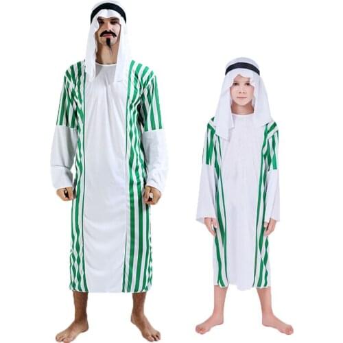 Umorden Halloween Middle East Arab Arabian Prince Costume for Kids Boys Muslim Costumes Men Green Stripe Carnival Cosplay Dress