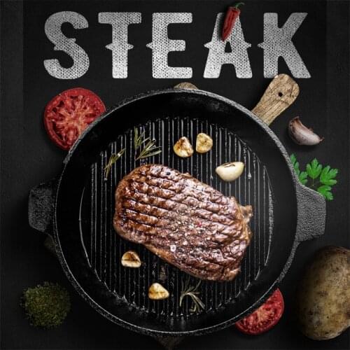 Thickened cast iron steak frying pan uncoated striped pot round steak pot non stick barbecue BBQ roasting grill pan
