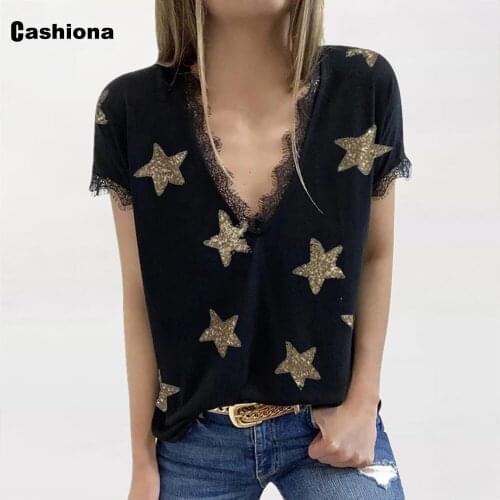 2021 Plus Size 5XL Women Basic Tops Summer New Patchwork Lace Star Print T-shirt Ladies Elegant Leisure Tees Shirt Femme Clothes