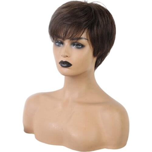 Ladies Charming Natural Short Brown Straight Human Hair Curly Wig Fashion