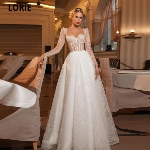 LORIE Glitter A Line Wedding Dresses Vestido De Novia Long Sleeves Sweetheart Boning Corset Modern Bridal Dresses Sweep Train