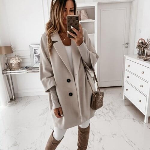 Winter New Ladies Long Woolen Coat Three Quarter Sleeves Solid Color Single Breasted Lapel Pocket Ladies Commuter Jacket