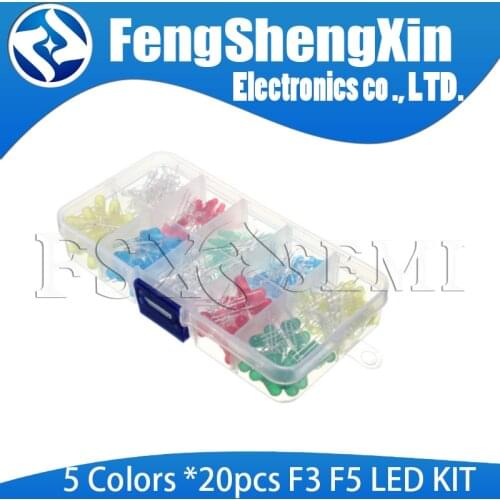 200PCS/Lot 3MM 5MM Led Kit With Box Mixed Color Red Green Yellow Blue White Light Emitting Diode Assortment 20PCS Each F3 F5