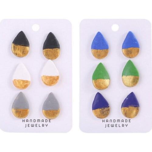 3 Pairs/Set Mini Gold Color Printed Polymer Clay Teardrop Stud Earrings Set for Women 2021 Originality Statement Minimalist