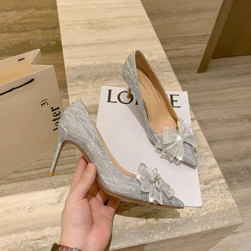 BaoYaFang Bow-tie Luxury Women wedding shoes 6cm/8cm/10cm Pointed toe High Pumps fashion ladies Bridal shoes Shallow Party Shoes