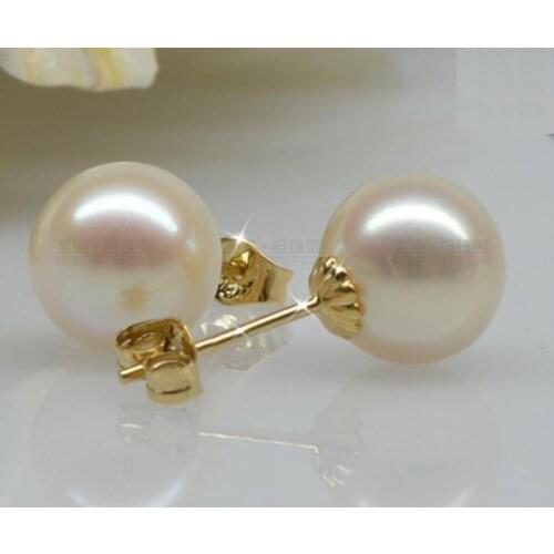 Free shipping Round 8-9 MM AAA+ WHITE SOUTH SEA PEARLS EARRING 14k/20 GOLD