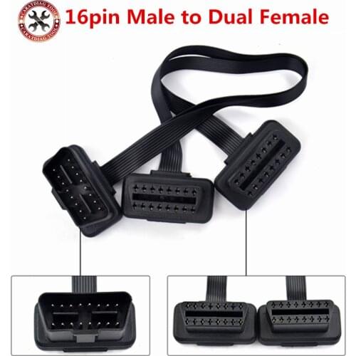 Dual Female Y Splitter Elbow 16Pin OBD 2 Extender ODB OBD2 Cable 16 Pin Male To Female Flat Noodle OBD2 Extension Cable