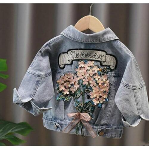 Girl Denim Jacket Flower Embroidery Jean Jacket for Girls Baby Clothes Spring Kawaii Children Outerwear Retro Ripped Coats
