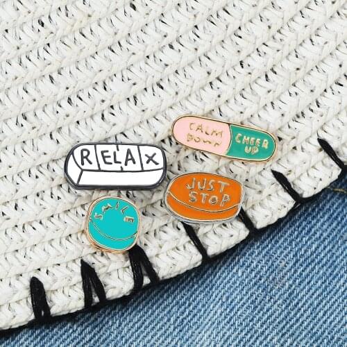 Letter Mood Pill Enamel Pins CHEER UP SMILE RELAX Capsules Cartoon Jackets Lapel Pins Doctor Nurse Creative Brooches Badge Gifts