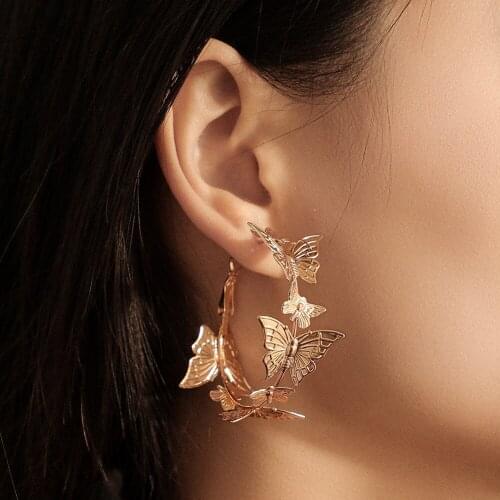 Personality 3D Metal Butterfly Hoop Earrings for Womens Exaggeration Flower Earrings Party Jewelry Fashion Accessories