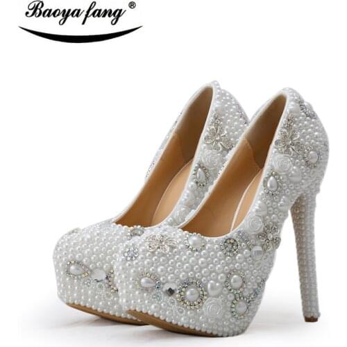 Fashion Women pearl Beaded Wedding shoes Bridal party dress shoes 8cm/11cm/14cm high platfomr shoes woman Pumps big size