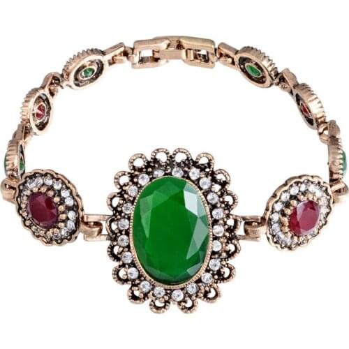 Fashion Charm Vintage Gold-Color Bracelet Turkish Jewelry Big Green Oval Stone Crystal bracelet femme Wholesale