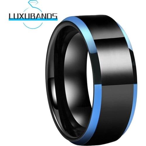 Tungsten Carbide Rings For Men Wemen Blue Beveled Edges Engagement Bands Black Poished Finished Comfort Fit